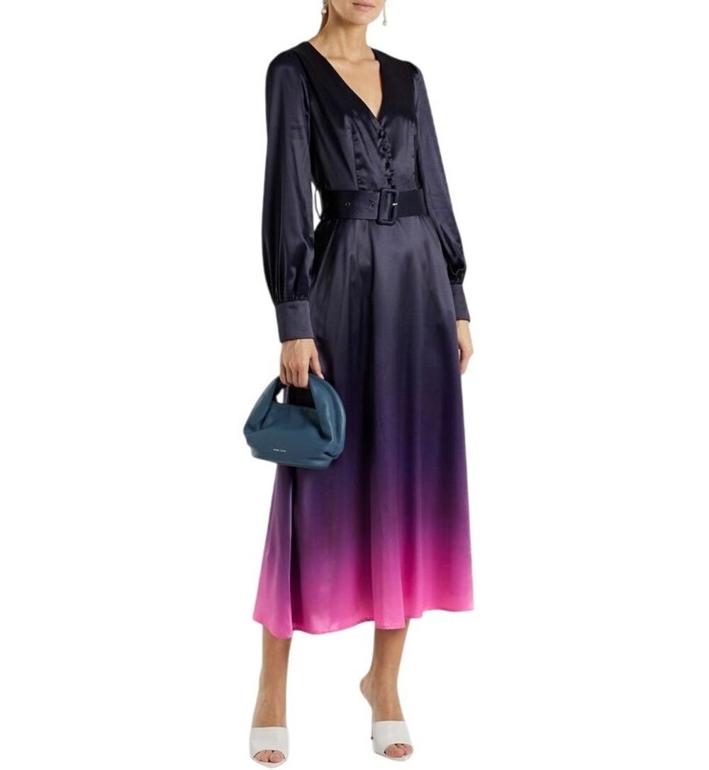 NWT Olivia Rubin Victoria Belted Degrade Satin Midi Dress Navy Pink Ombre US 2